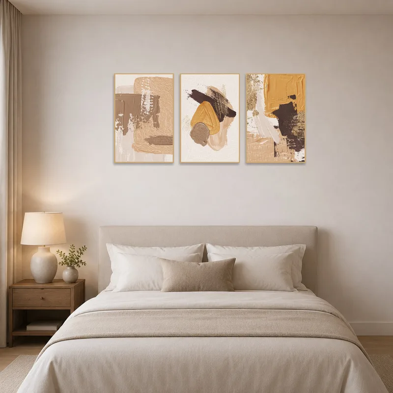 Earthy abstract triptych enhancing the calm ambiance of a bedroom.