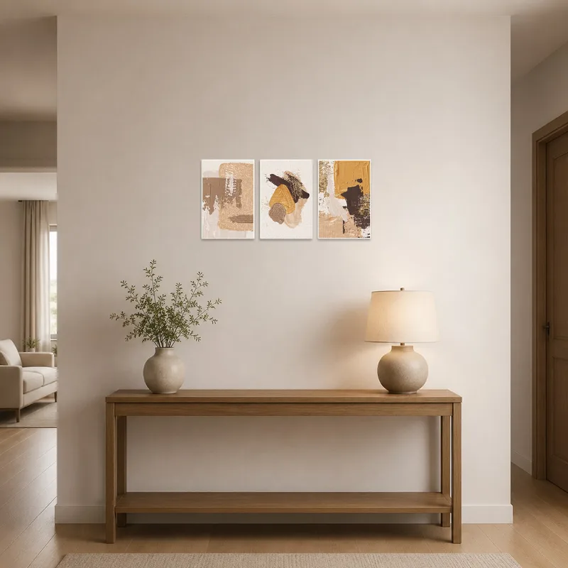 Earthy abstract triptych greeting you in the entrance hall.