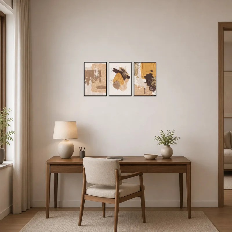 Earthy abstract triptych inspiring creativity in a home office.