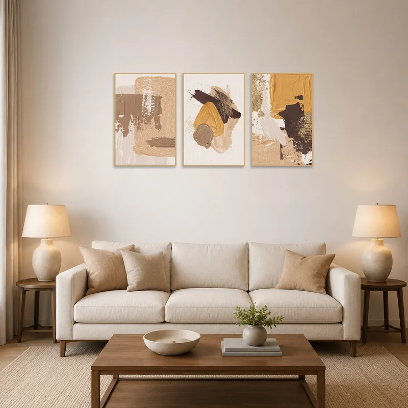 Earthy abstract triptych art set above a modern living room sofa.