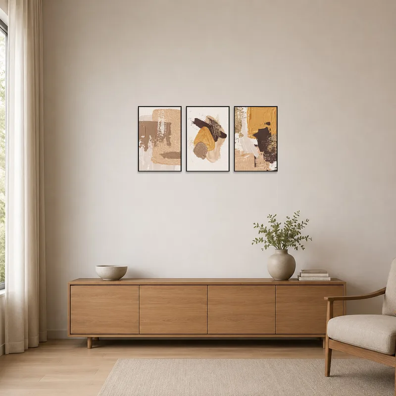 Earthy abstract triptych on a plain wall in a minimalist room.