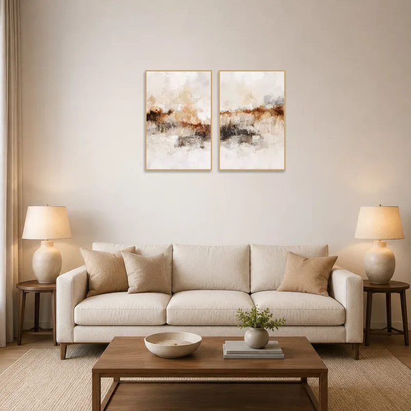 Triptych set adds warmth to a living room with a neutral color scheme.