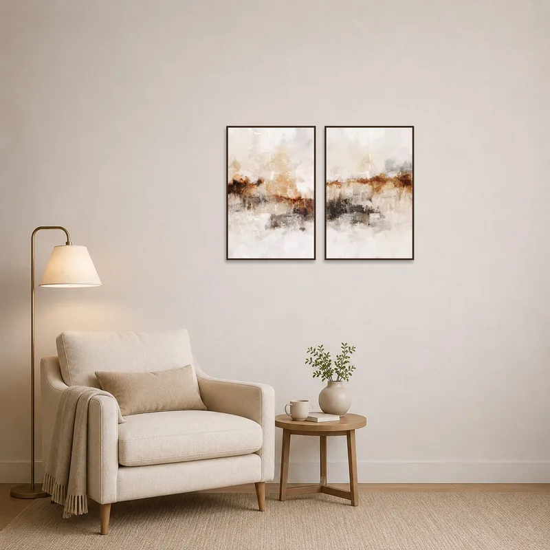 Abstract triptych enhances a quiet reading corner.