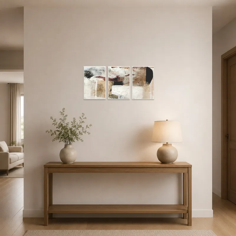 Earthy abstract triptych hanging in an elegant entrance hall.