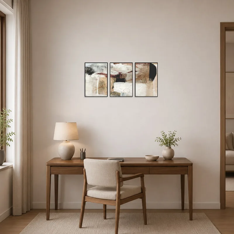 Neutral abstract triptych inspiring creativity in a home office.