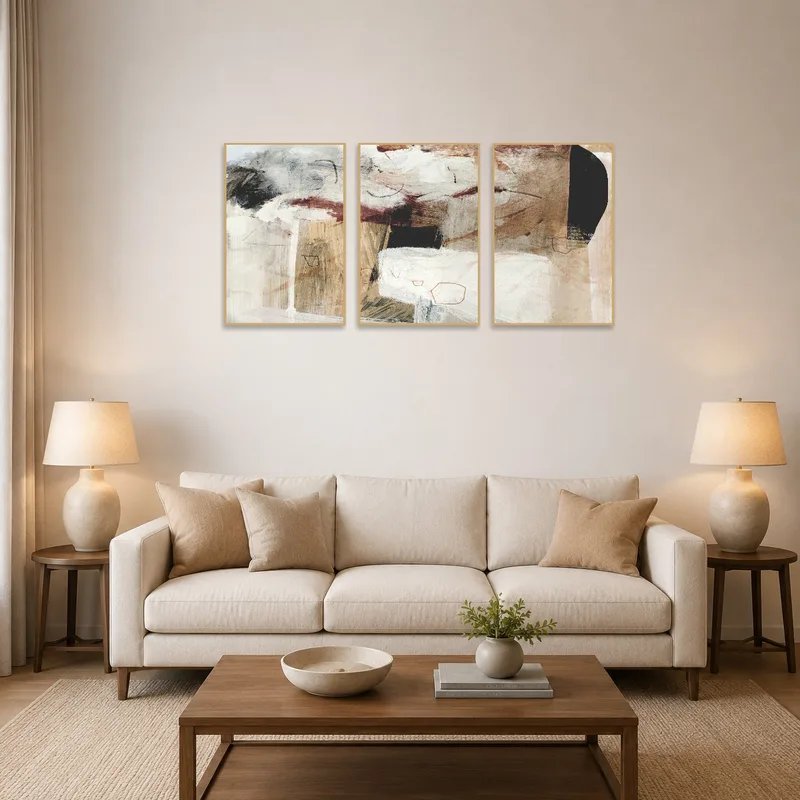 Triptych with earthy abstract art above a modern living room sofa.