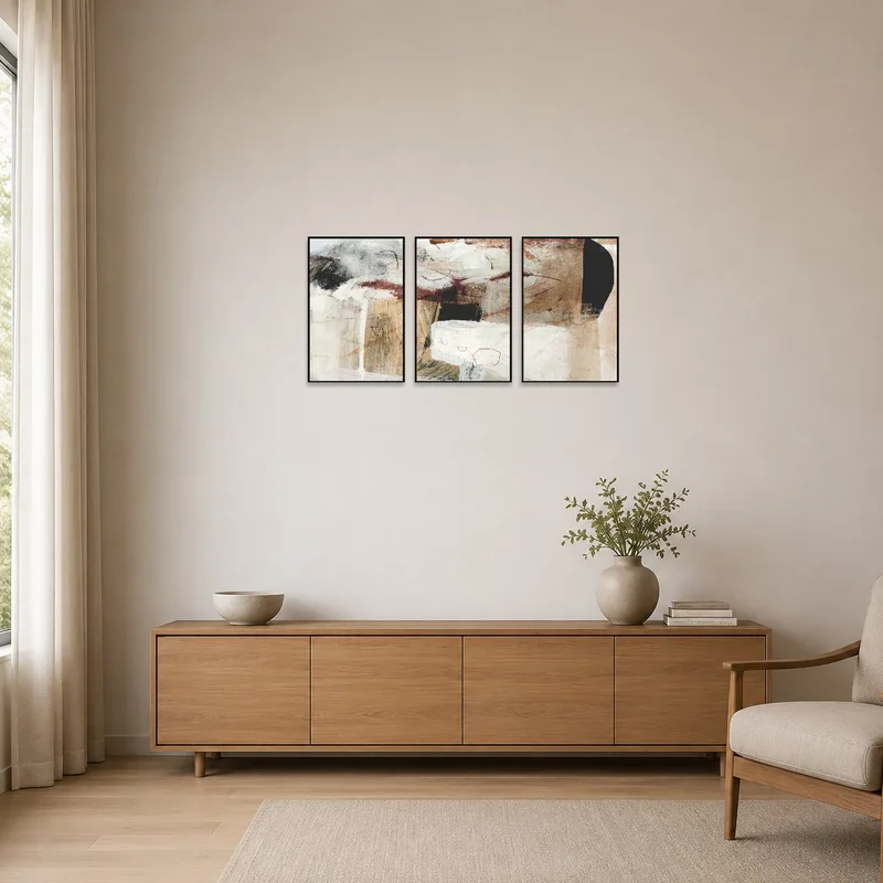 Neutral toned triptych in a minimalist room with sparse furniture.