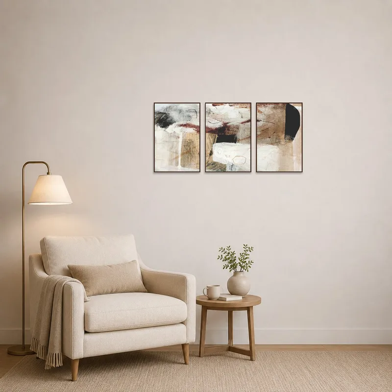 Triptych with neutral tones in a cozy reading corner.