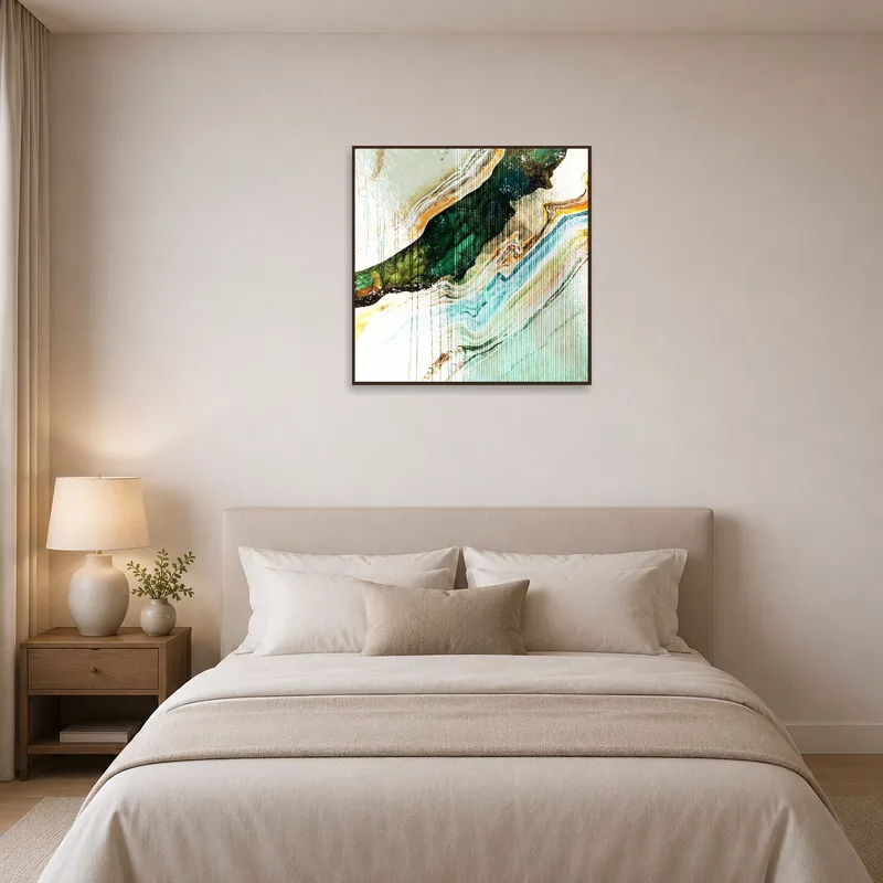 Earthy abstract waves art creating a relaxing vibe in the bedroom.