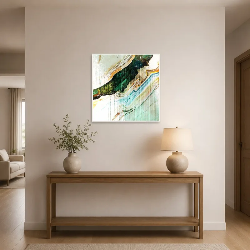 Art of earthy abstract waves greeting guests in the entrance hall.