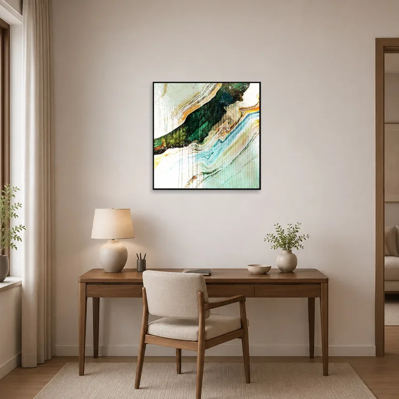 Earthy abstract waves art energizing a focused home office space.