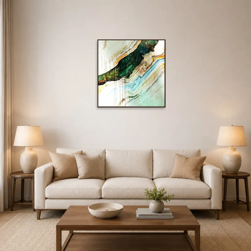 Earthy abstract waves art piece above a cozy living room sofa.