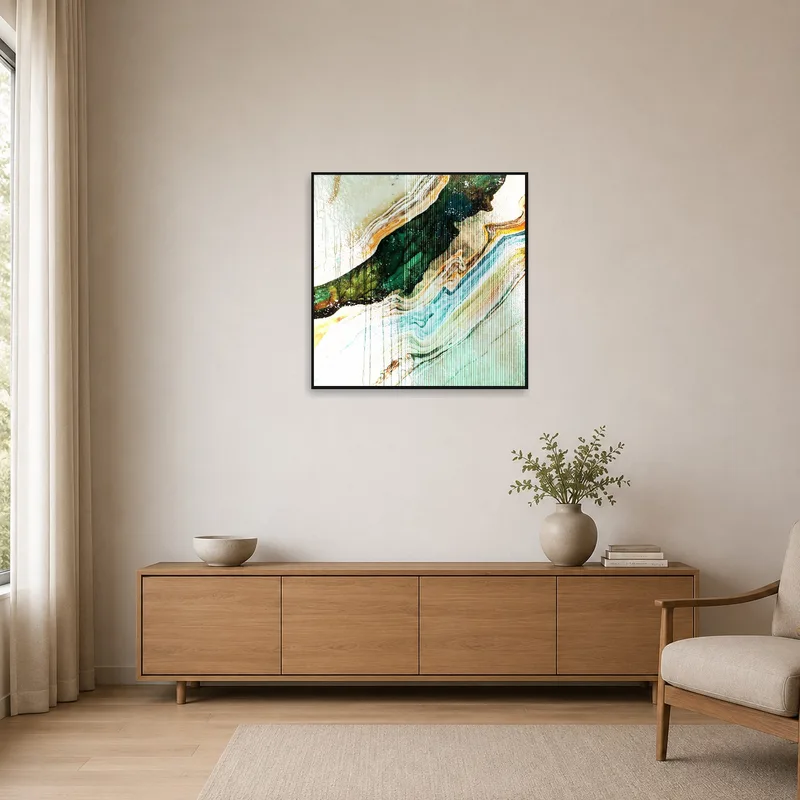 Earthy abstract waves art in a minimalist room, adding organic contrast.