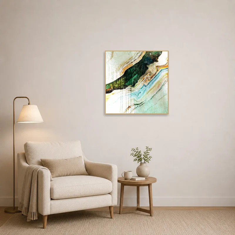 Earthy abstract waves art provides inspiration in a quiet reading corner.