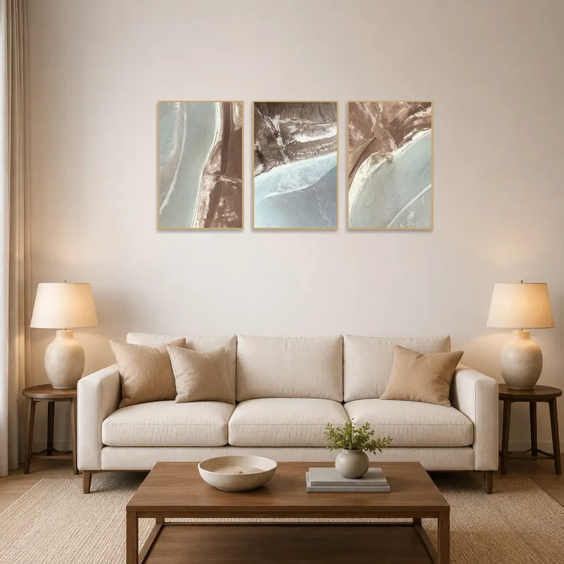 Earth-toned aerial landscape triptych on a living room wall above a couch.