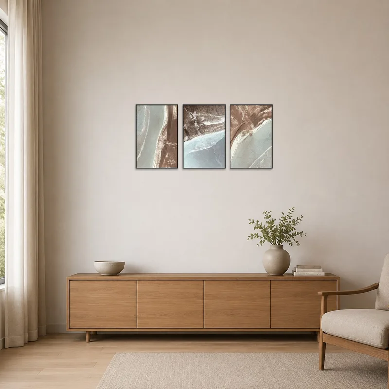 Earthy aerial landscape triptych in a minimalist room with clean lines.