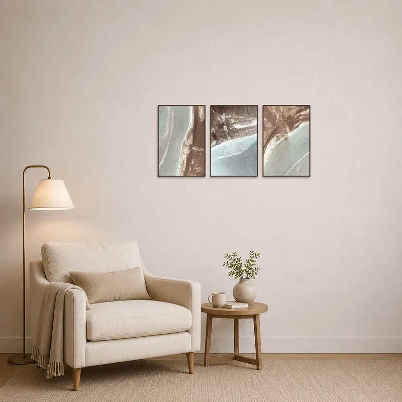 Aerial landscape triptych in a cozy reading corner with an armchair.