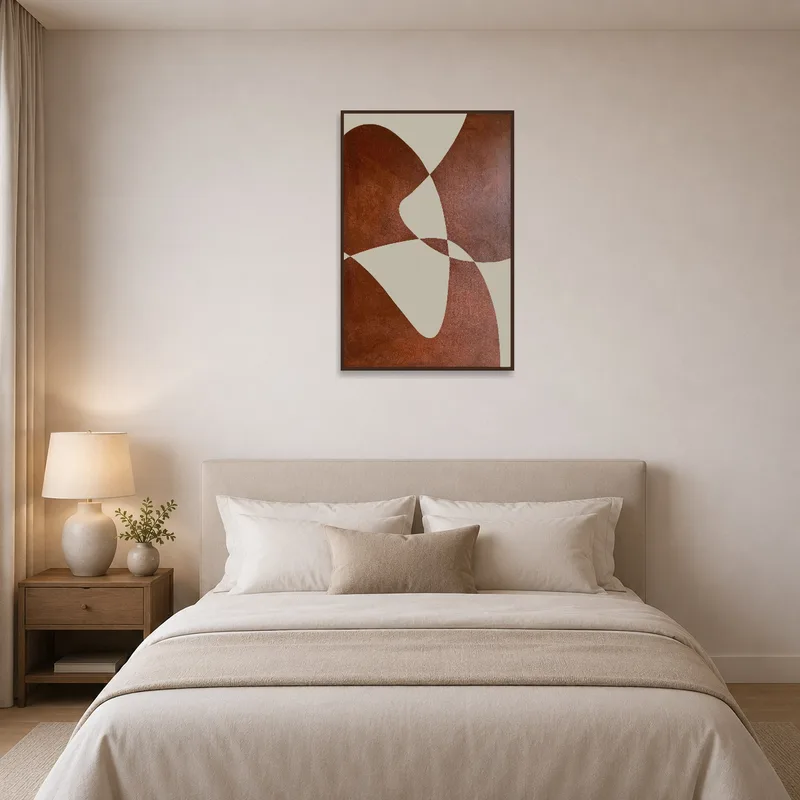 Warm-toned geometric piece enhancing a serene bedroom with soft lighting and bedding.