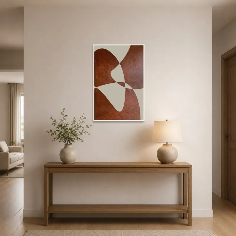 Geometric abstract art in warm hues brightens up an entrance hall with a welcoming vibe.