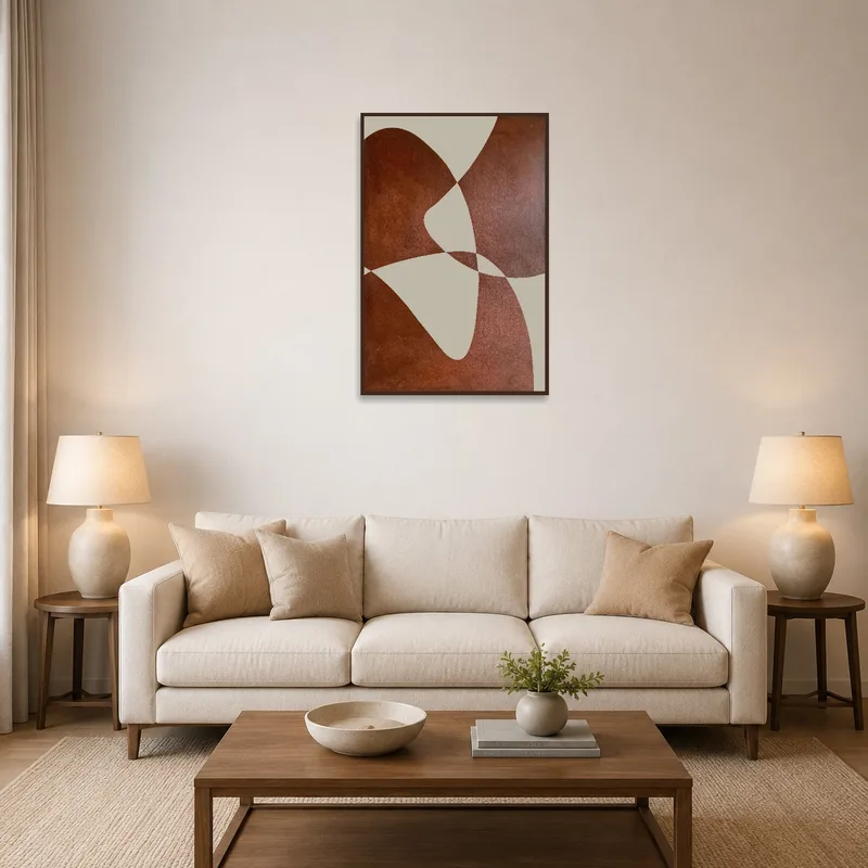 Earthy geometric art on a living room wall, complementing cozy and warm furnishings.