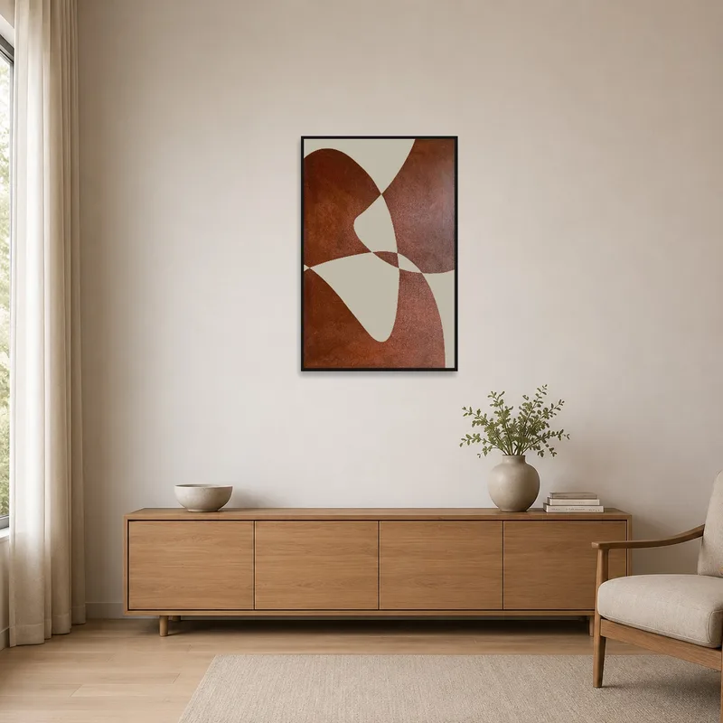 Earthy geometric painting in a minimalist room with simple, clean lines and neutral tones.