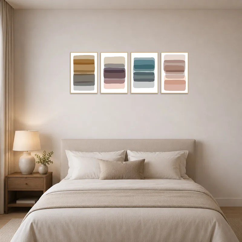 Earthy tones abstract art set hung above the bed, complementing a serene bedroom.