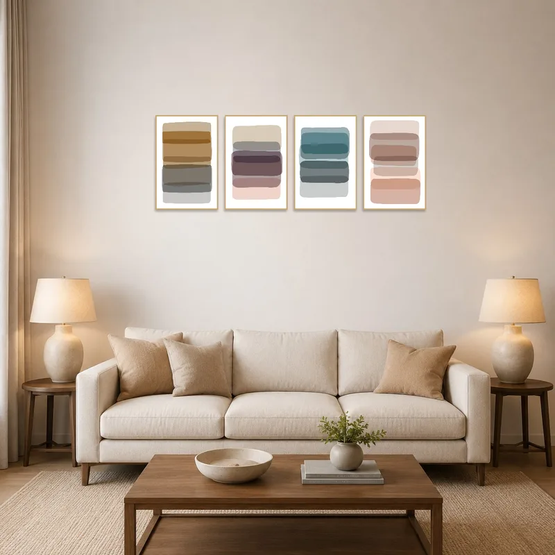 Abstract art set with earthy tones on a living room wall above a modern sofa.