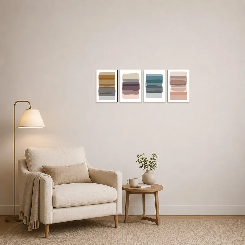 Reading corner featuring the abstract art set with earthy tones beside a cozy armchair.