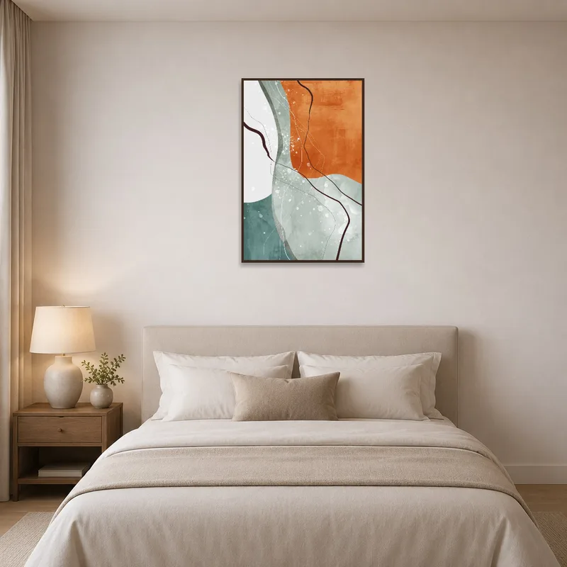Bedroom wall adorned with serene earthy tones geometric art