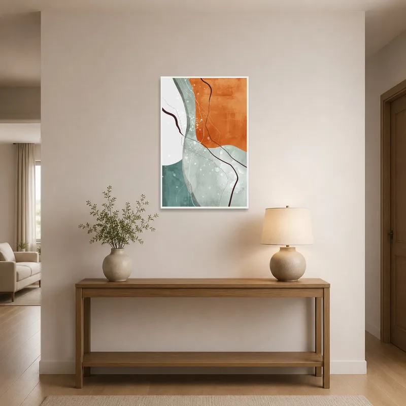 Abstract geometric art with earthy tones brightens entrance hall