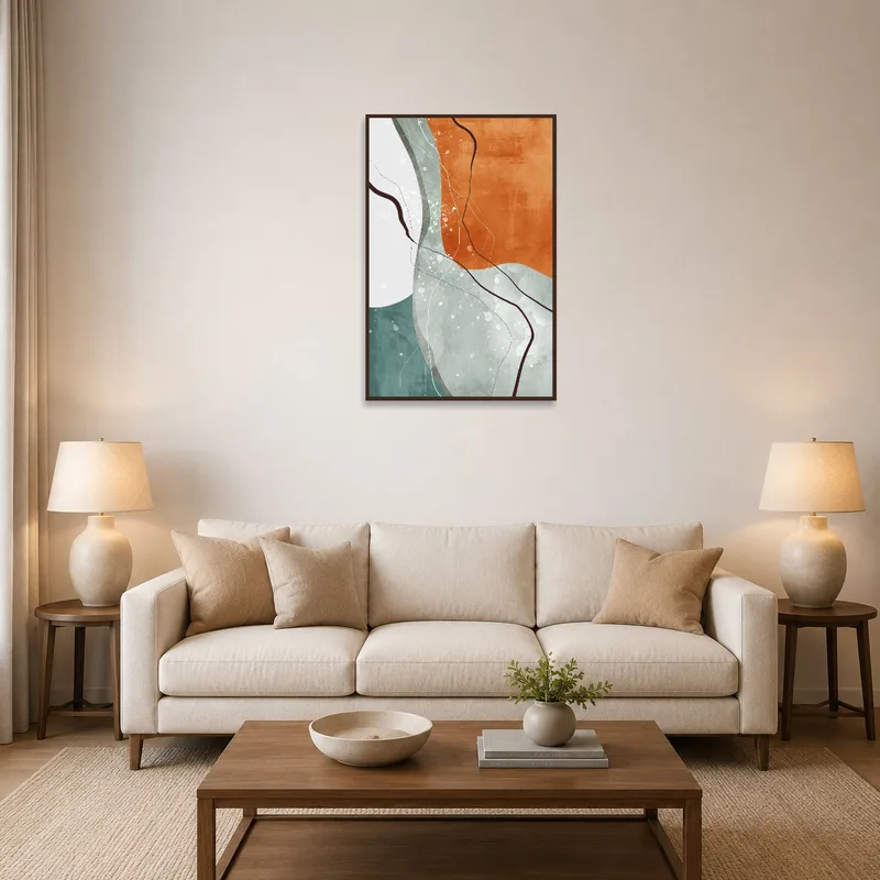 Earthy tones abstract geometric art on living room wall with cozy furniture