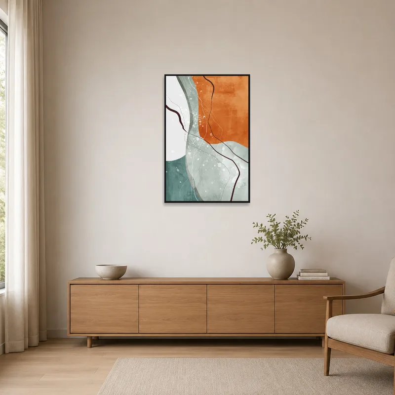 Minimalist room with earthy geometric art adding color contrast