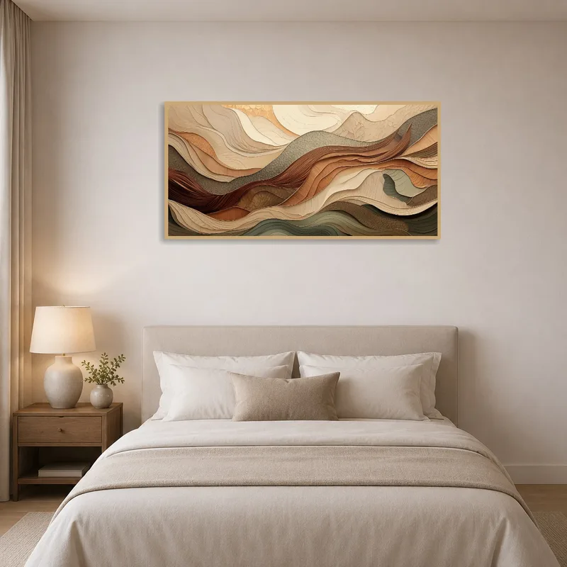 Abstract landscape in earthy tones soothing a restful bedroom.