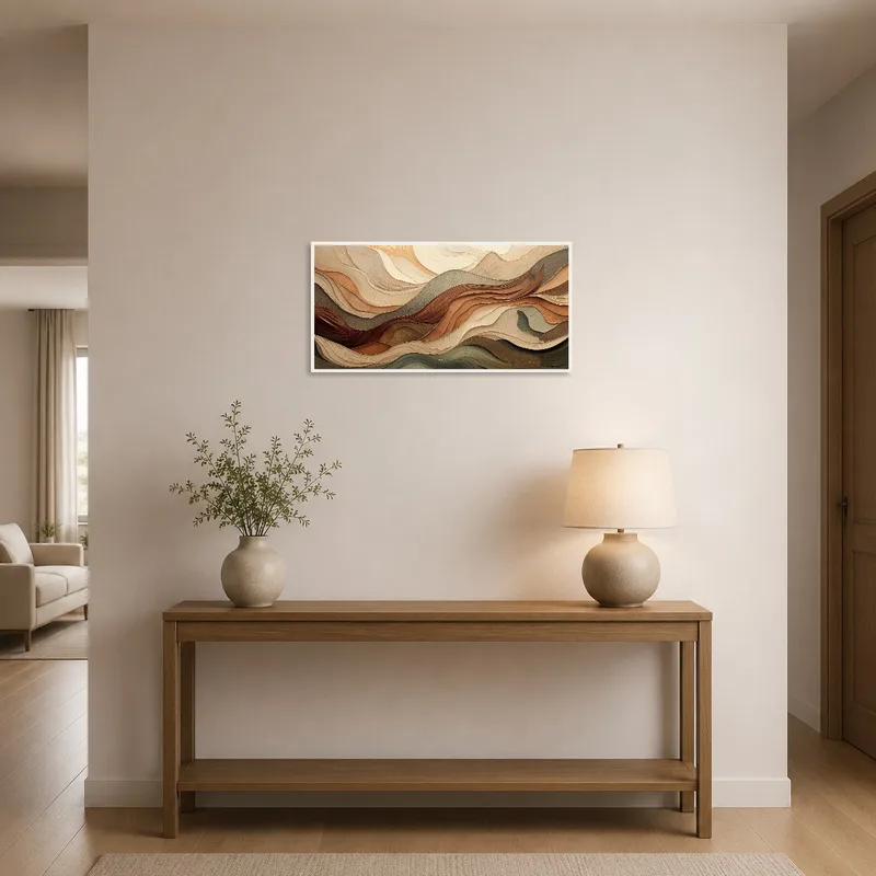 Warm-toned abstract landscape greeting guests in an entrance hall.