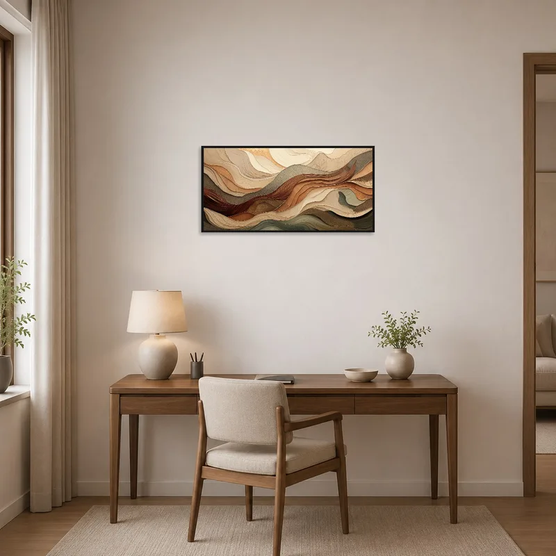Creative vibes from an earthy abstract landscape in a home office.