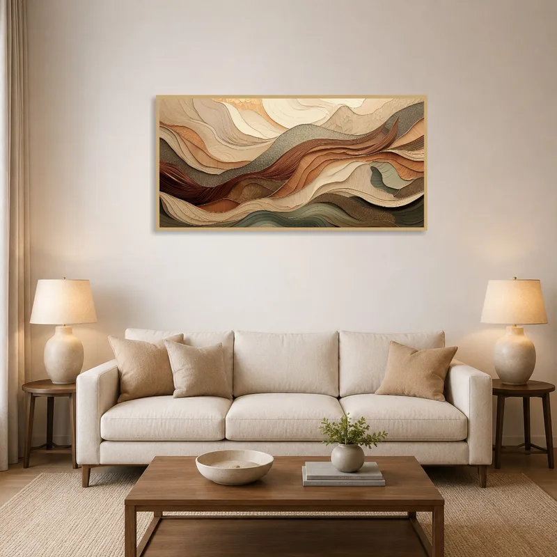 Abstract landscape art with earthy tones above a modern living room sofa.