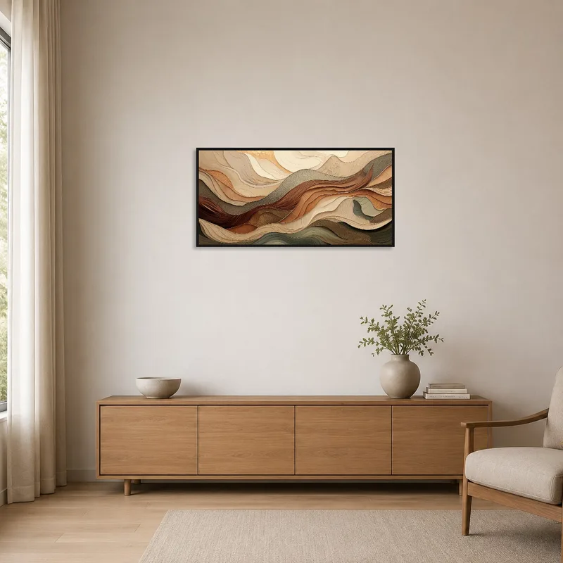 Earthy abstract landscape art adding warmth to a minimalist space.