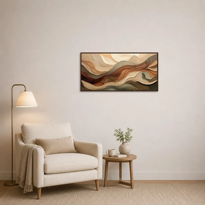 Earthy abstract art enhancing the serenity of a reading corner.