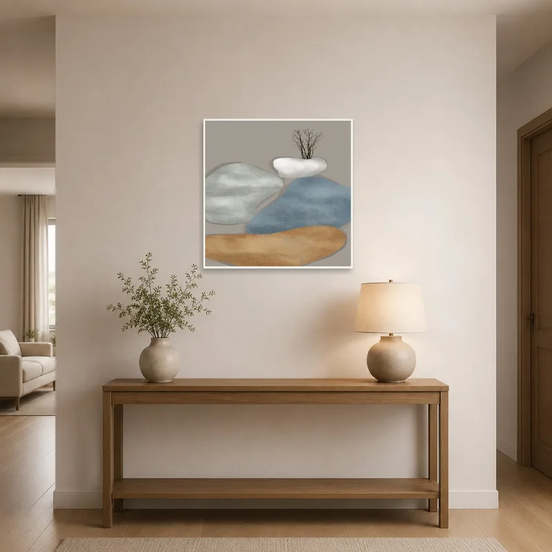 Entrance hall showcasing an abstract piece with earthy tones and branch motifs.