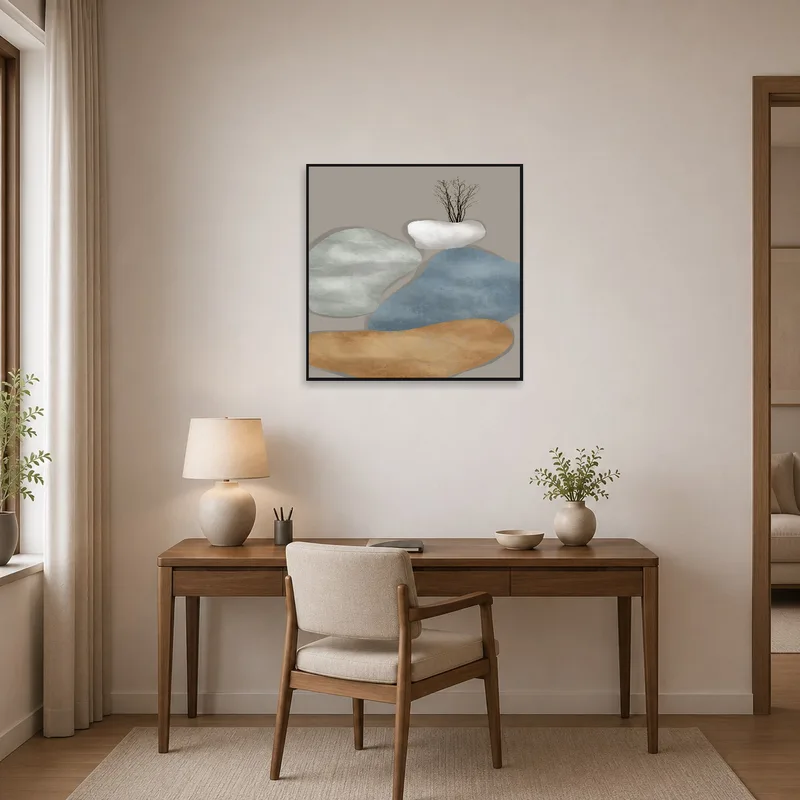 Home office displaying an earthy tones abstract with branches on the wall.