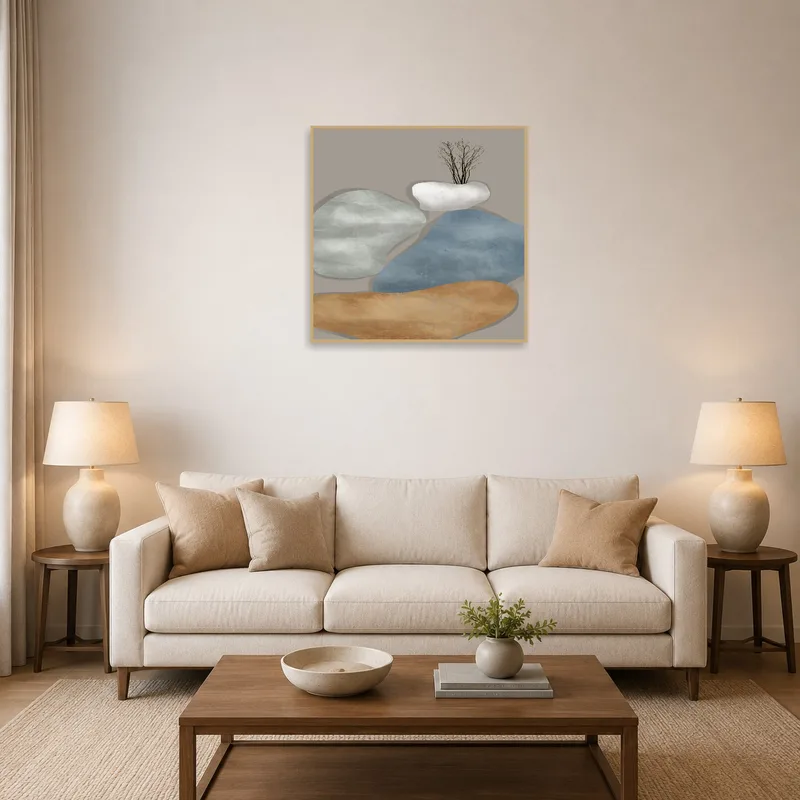 Abstract artwork with earthy tones and delicate branches on a living room wall.