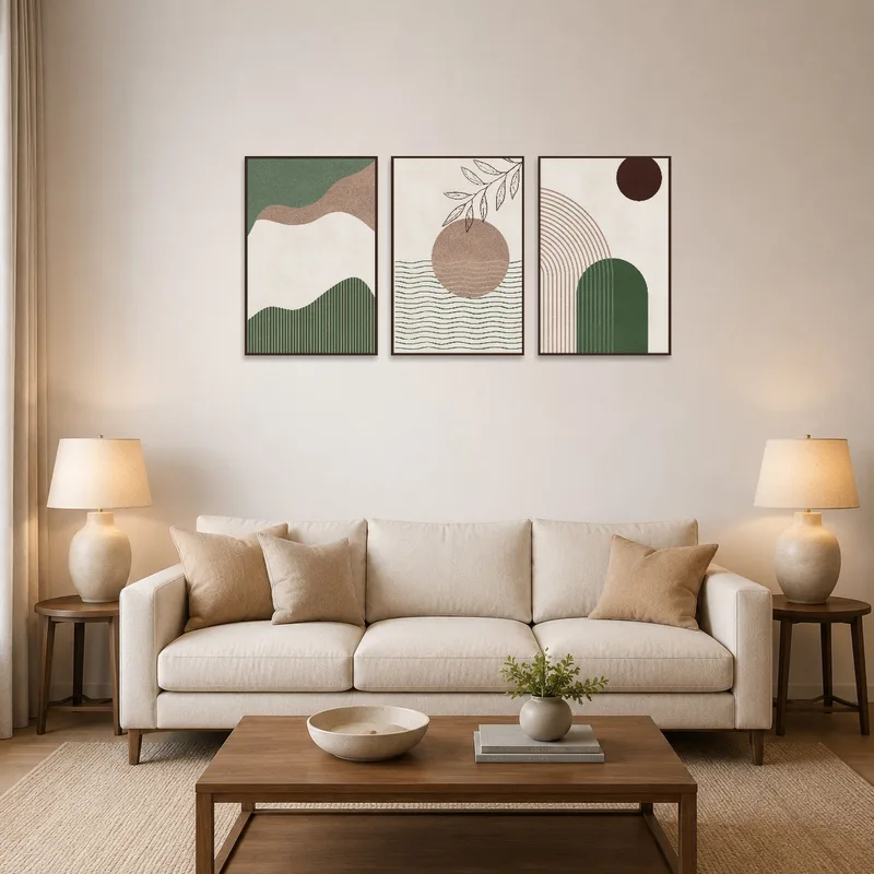 Triptych set with earthy tones on living room wall above a modern sofa.