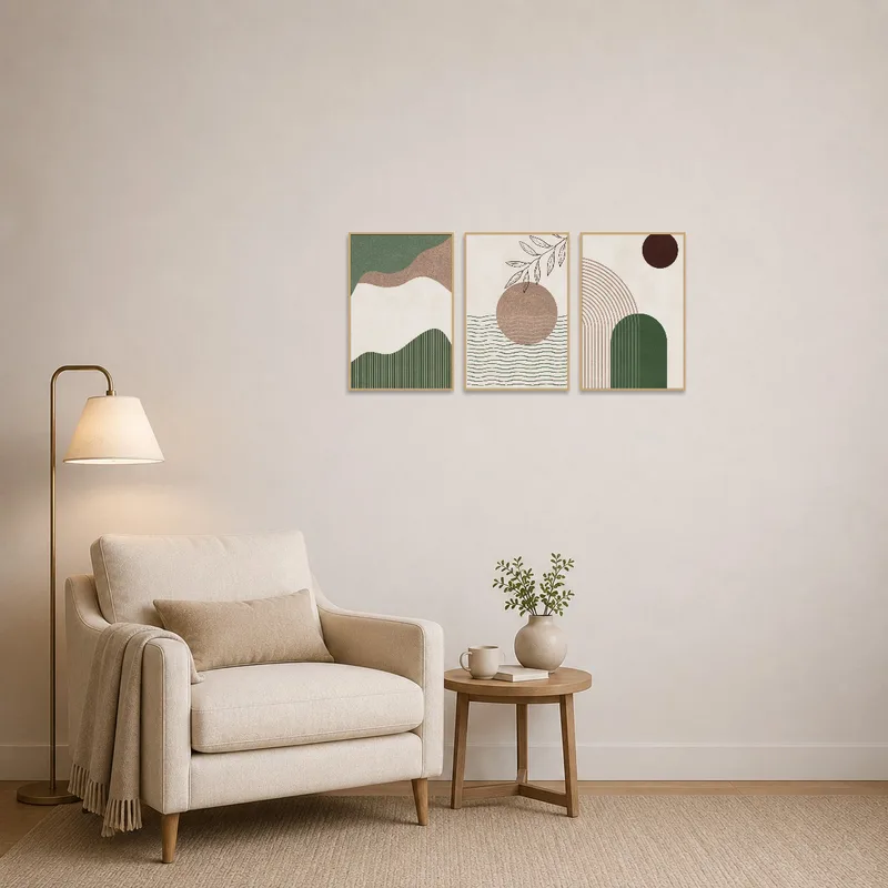 Abstract triptych set in reading corner near a cozy chair and floor lamp.