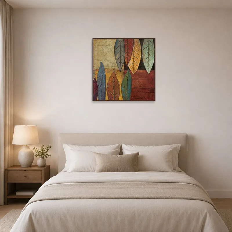 Earthy Tones Leaf Composition adding warmth and texture to a serene bedroom setting.