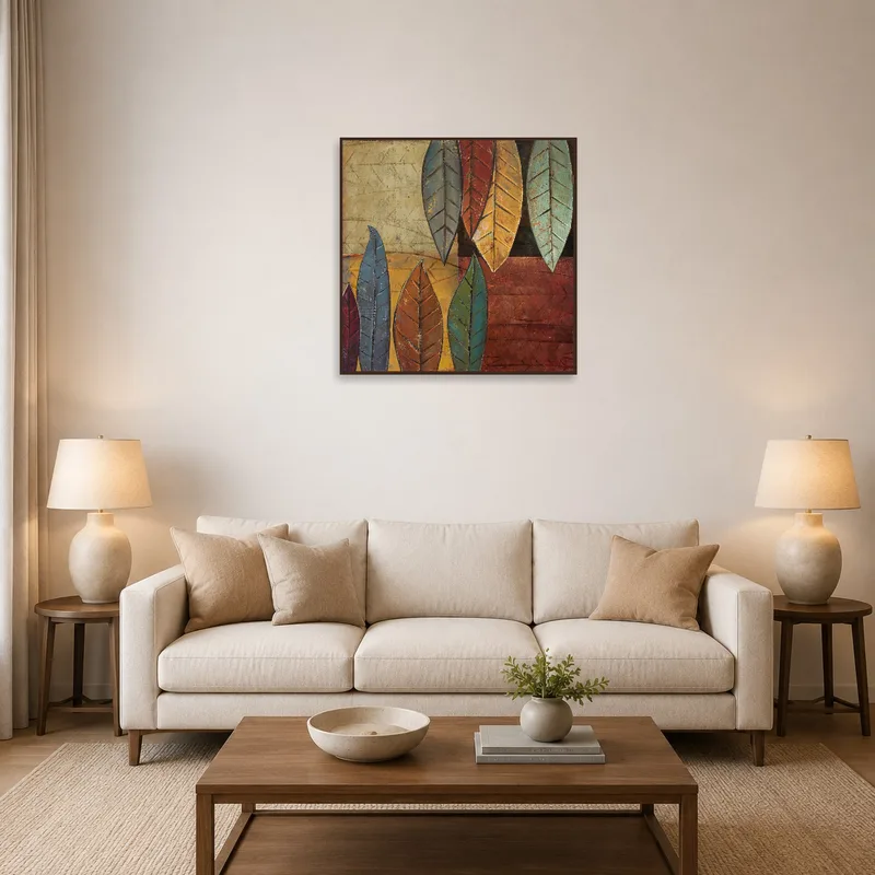 Earthy Tones Leaf Composition displayed above a modern sofa in the cozy living room.
