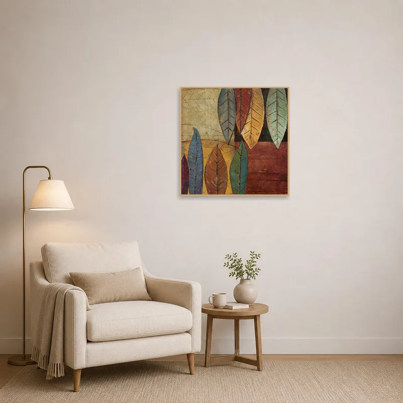 Earthy Tones Leaf Composition featured above a comfortable chair in a reading corner.