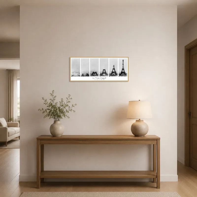 Entrance hall accented by historic Eiffel Tower construction art piece.