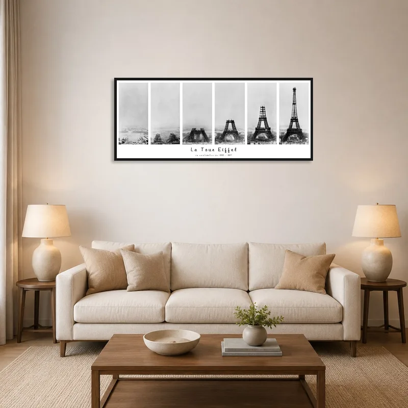 Living room with Eiffel Tower construction art on display above a modern sofa.