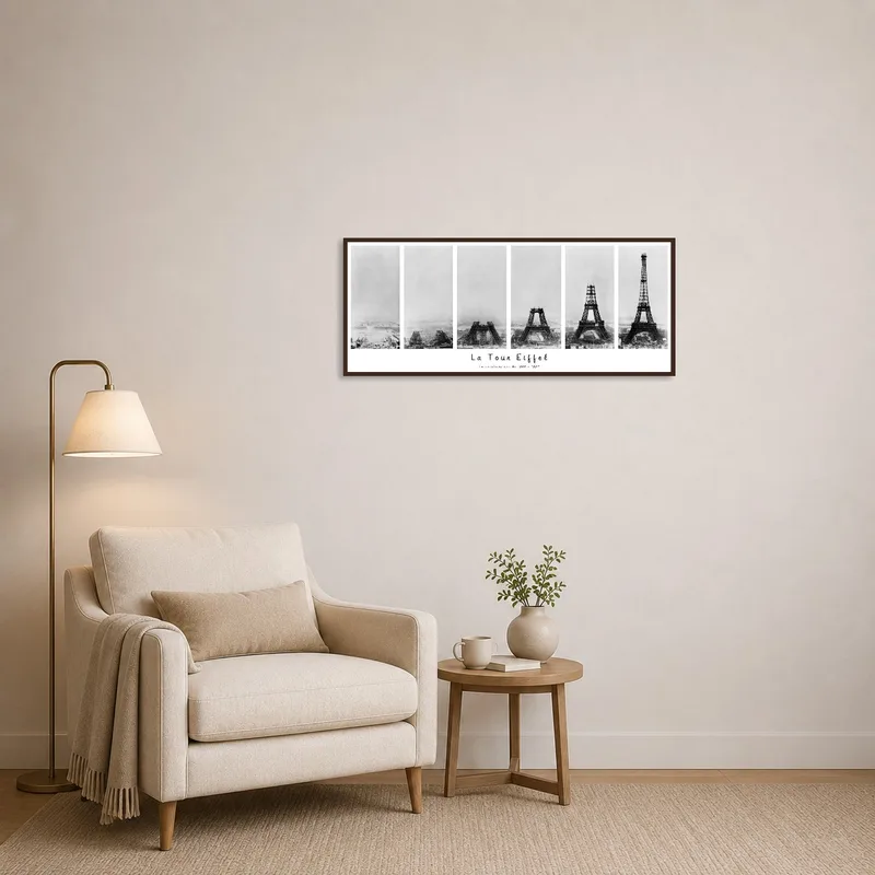 Reading corner featuring Eiffel Tower construction art over a cozy armchair.