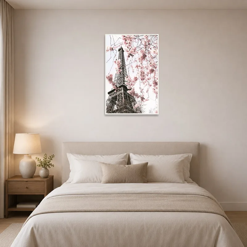 Eiffel Tower with cherry blossoms adding romance to a serene bedroom.